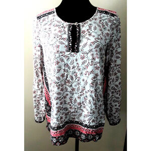J JILL Womens Small Peasant Boho Blouse Shirt Tunic Top Black White Pink